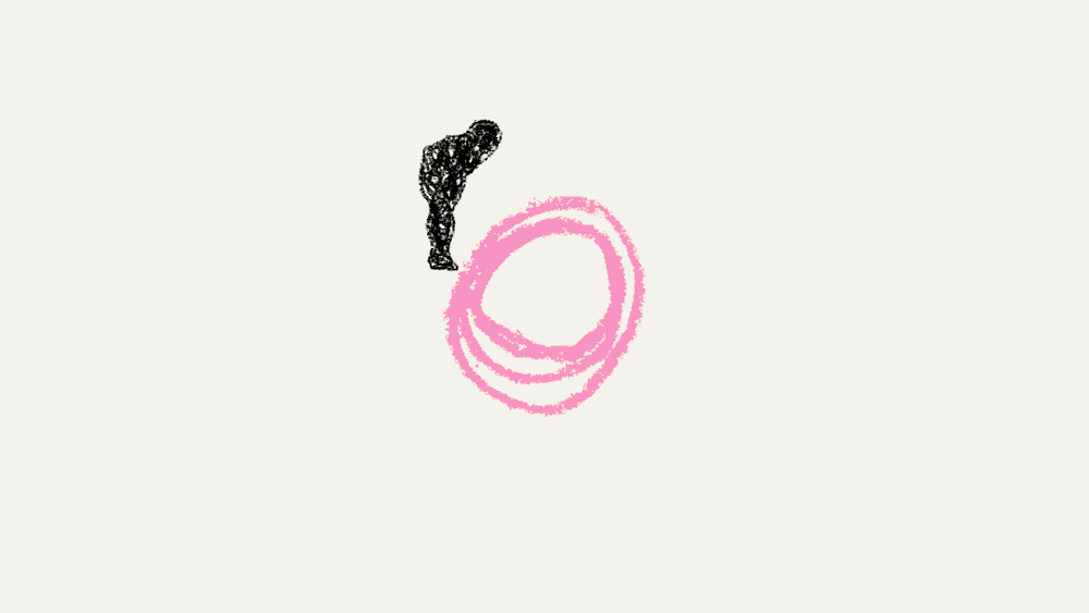 A sketch of a human figure bending over and looking at three overlapping pink magic-circles on a plain white background.