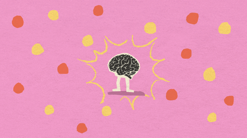 Illustration of a brain with legs standing on a platform, surrounded by yellow rays and red and yellow dots on a pink background.