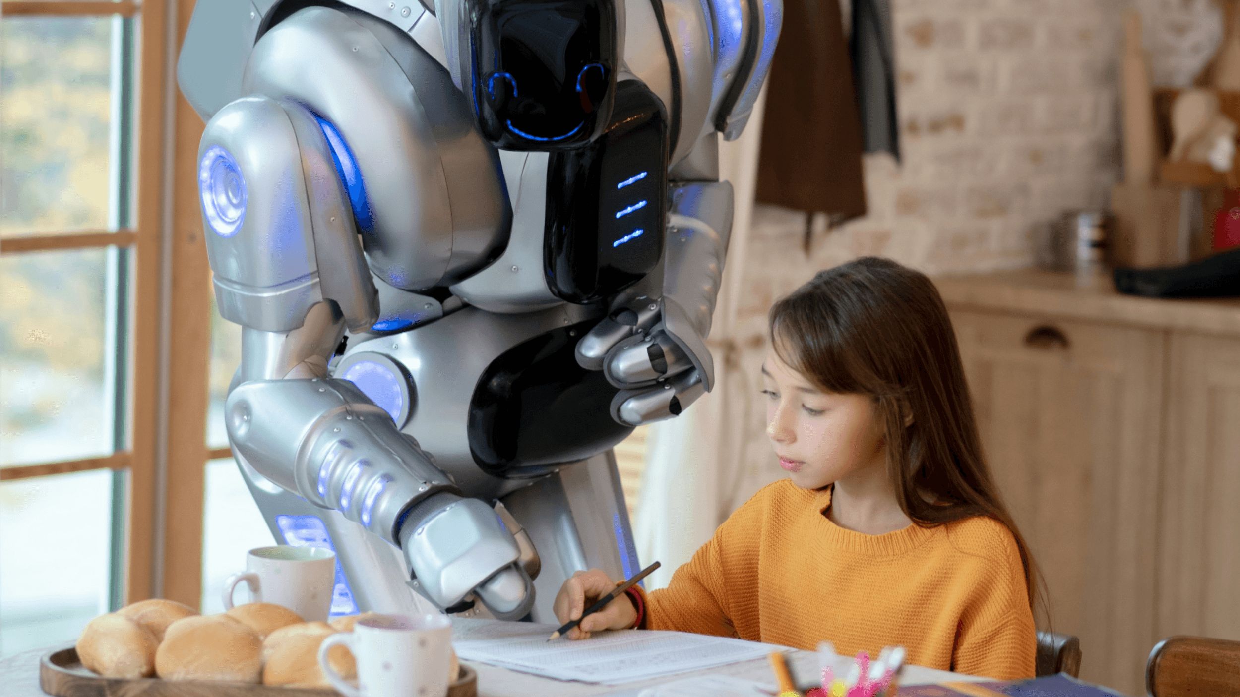 A robot stands next to a young girl who is sitting at a table, writing in a notebook with food and drinks nearby.