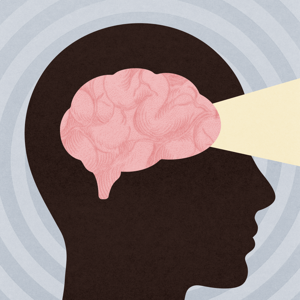 Illustration of a human head in profile with a visible brain and a beam of light projecting from the forehead, set against a background of concentric circles.