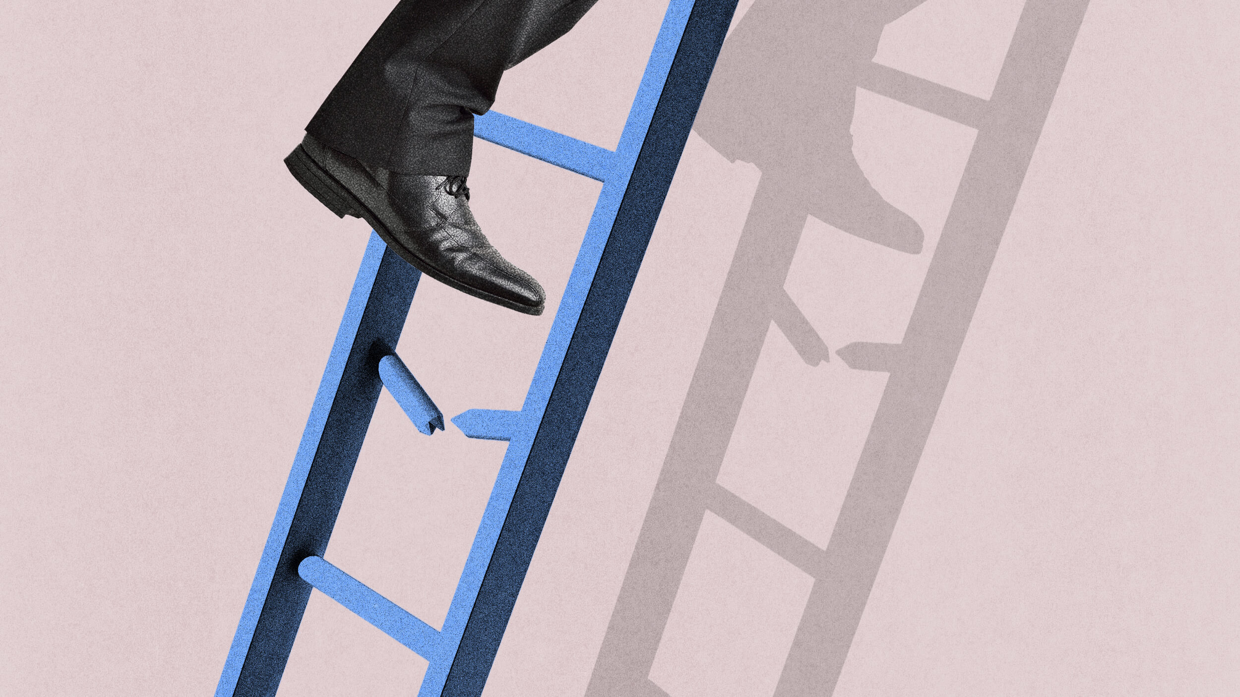 A person in dress shoes steps onto a blue ladder with a missing rung, casting a shadow on a pale background—a subtle nod to the challenges of navigating a nonlinear career.