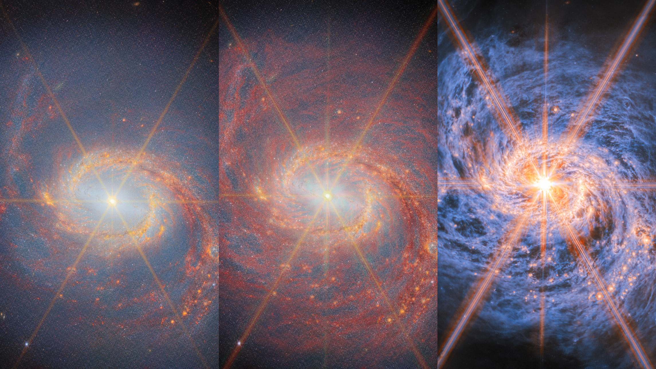 Three side-by-side images of a spiral galaxy show increasing detail and brightness, highlighting dust, stars, and a bright galactic center with radiating diffraction spikes.