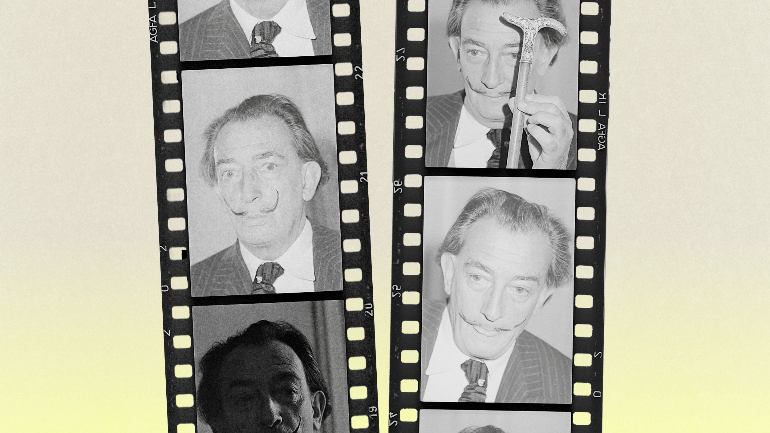 Black and white film strips show a man in a suit making various facial expressions, channeling a Dali-like flair as he holds a cane to his face in one frame.