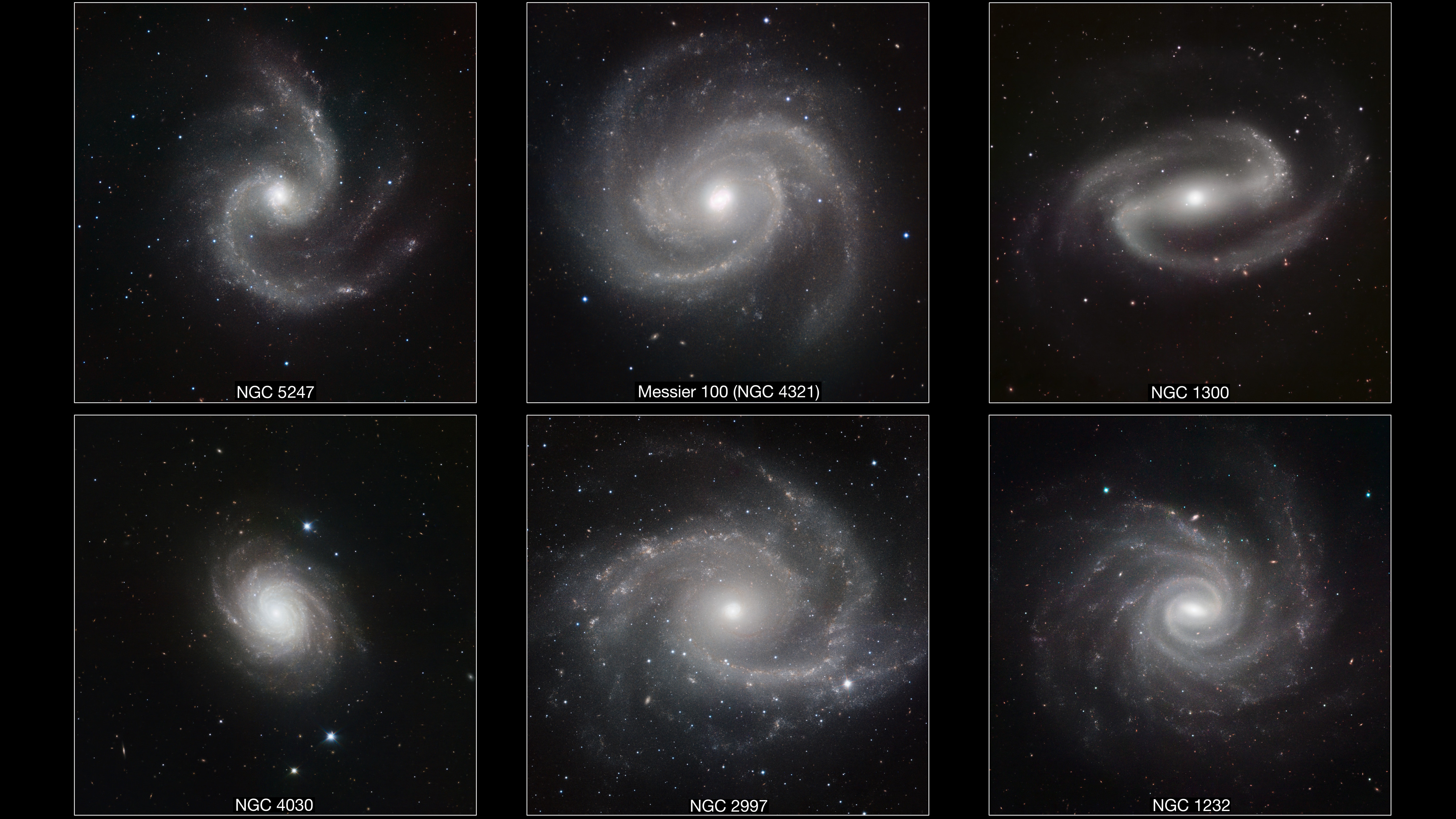 Six square images show different spiral galaxies: NGC 5247, Messier 100, NGC 1300, NGC 4030, NGC 2987, and NGC 1232, each with bright centers and spiral arms.