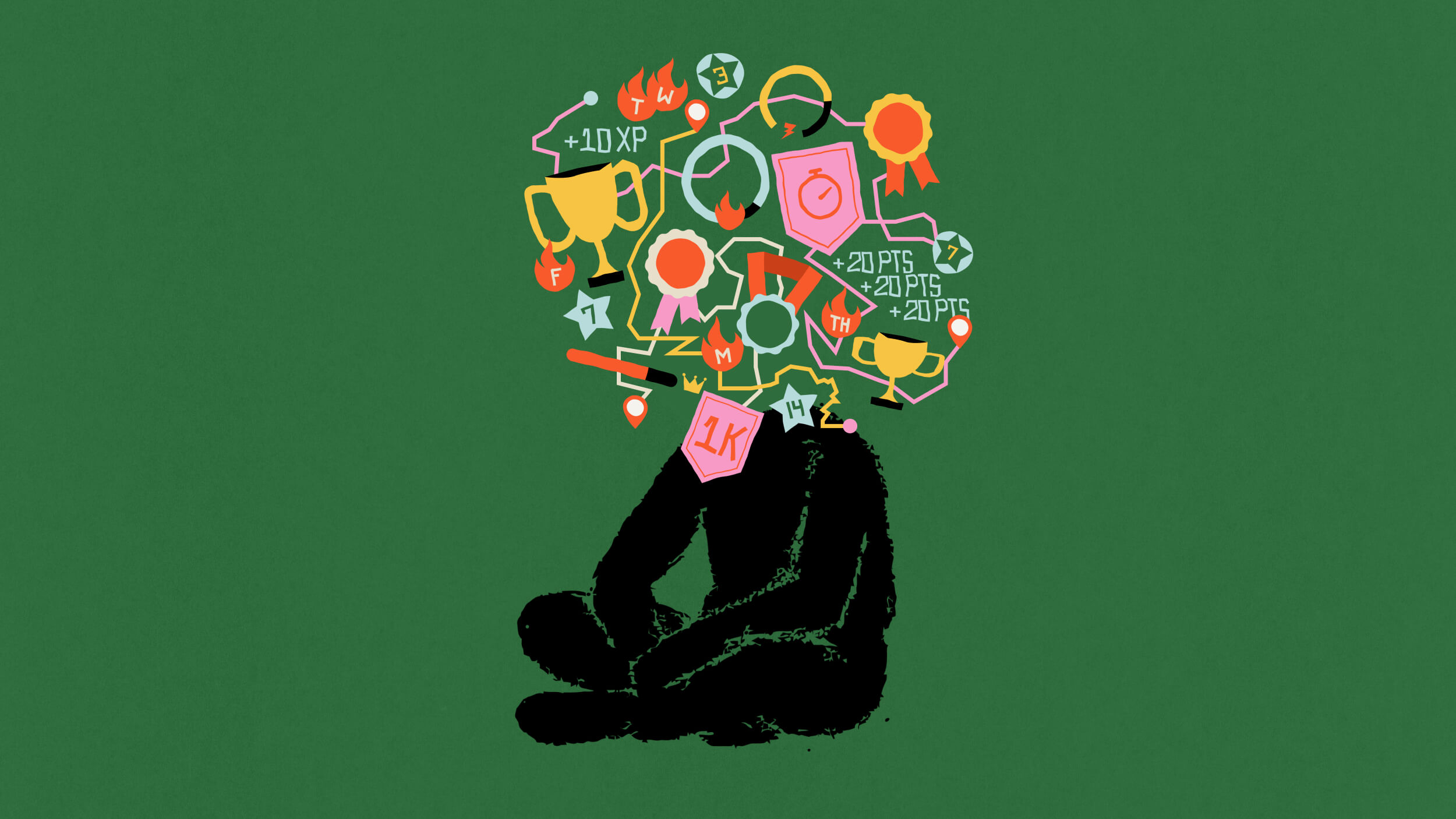 A silhouette of a seated person with colorful gaming achievement icons, such as trophies and badges, where their head would be, on a green background.