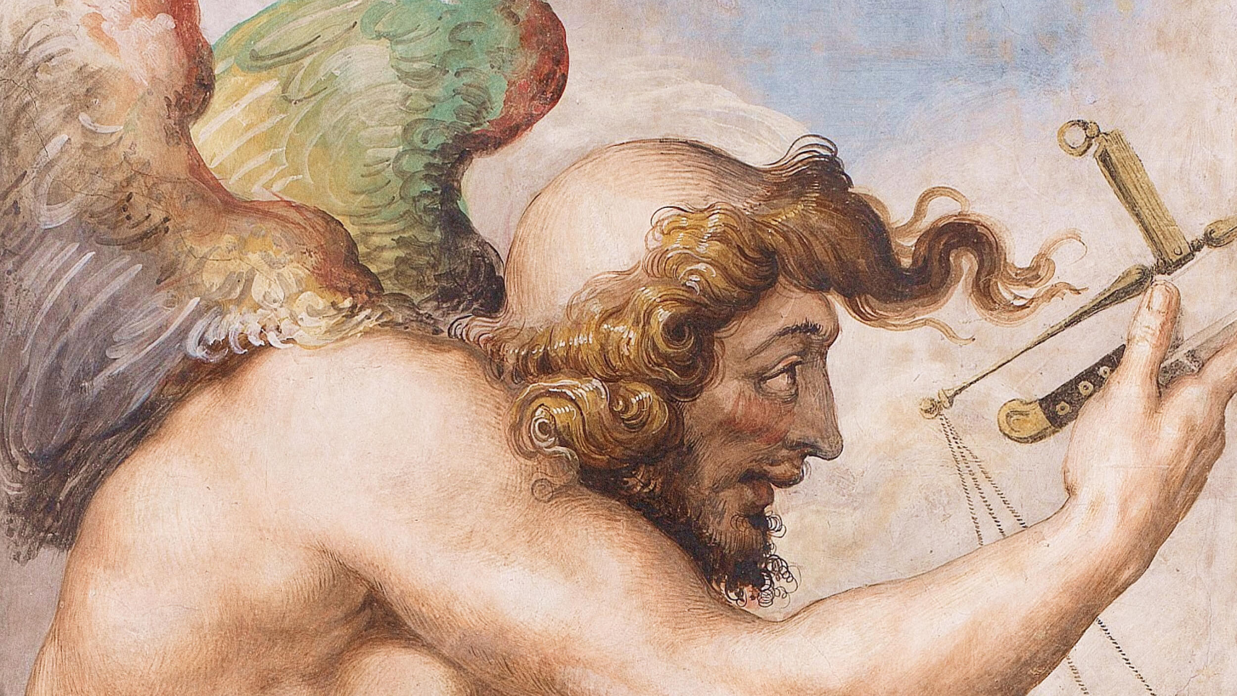 A classical painting depicts Kairos, a winged, bearded man with curly hair, holding a pair of golden scales against a light blue background.