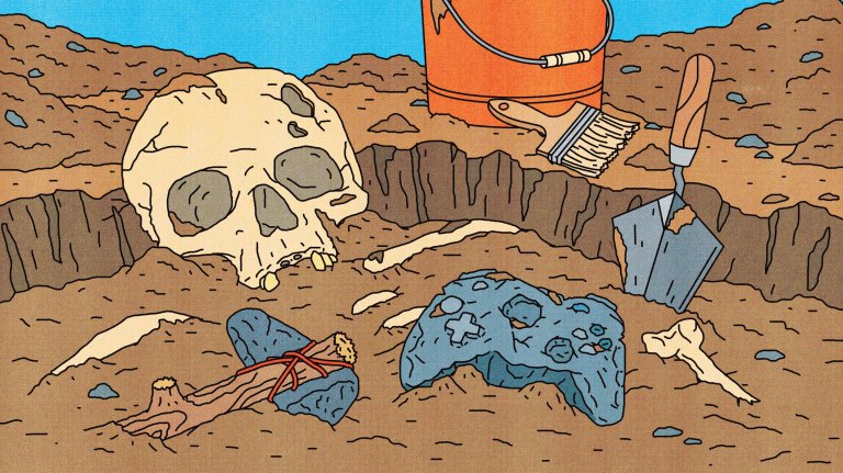 A human skull, a game controller, and small artifacts are partially buried in dirt at an archaeological dig site with excavation tools nearby.