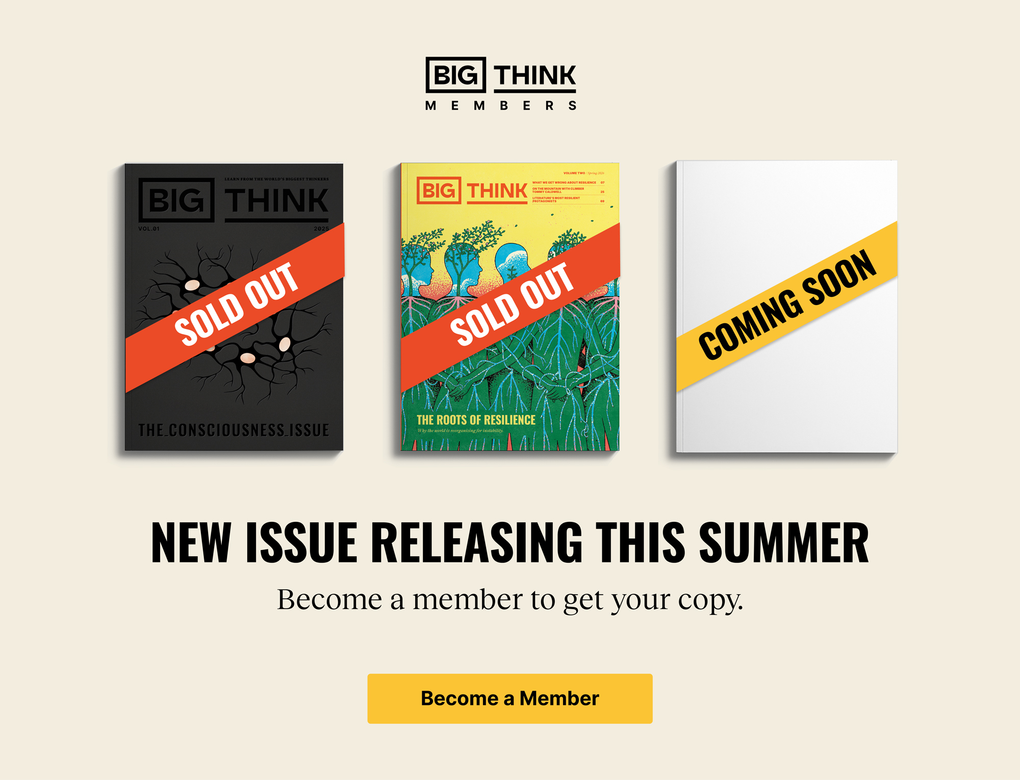 Three magazine covers: two marked "SOLD OUT" and one labeled "COMING SOON." Text below announces a new issue releasing this summer for Big Think members.