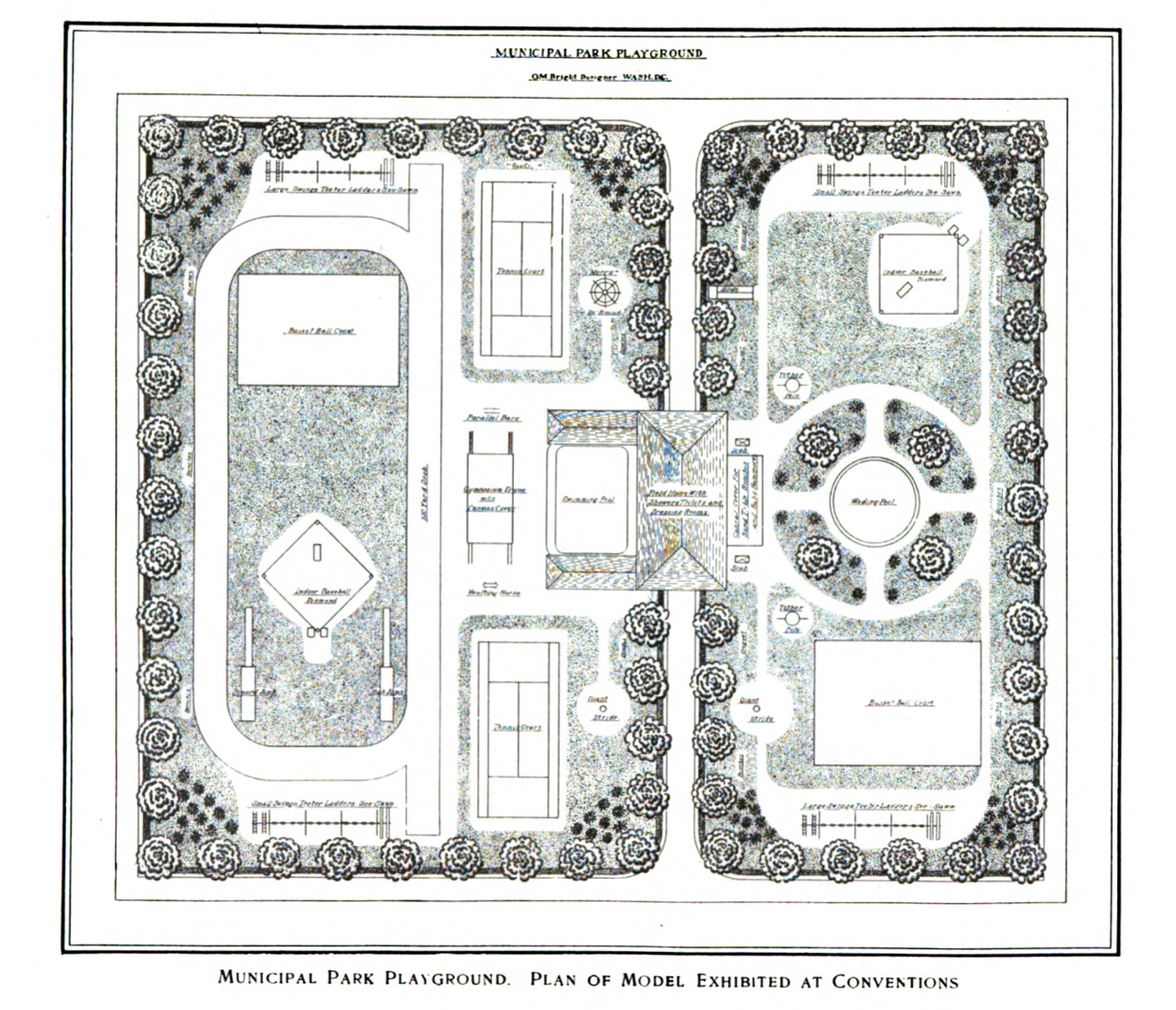 Black and white architectural plan of a municipal park playground, showing paths, play areas, trees, seating, and labeled sections for different playgrounds and activities.