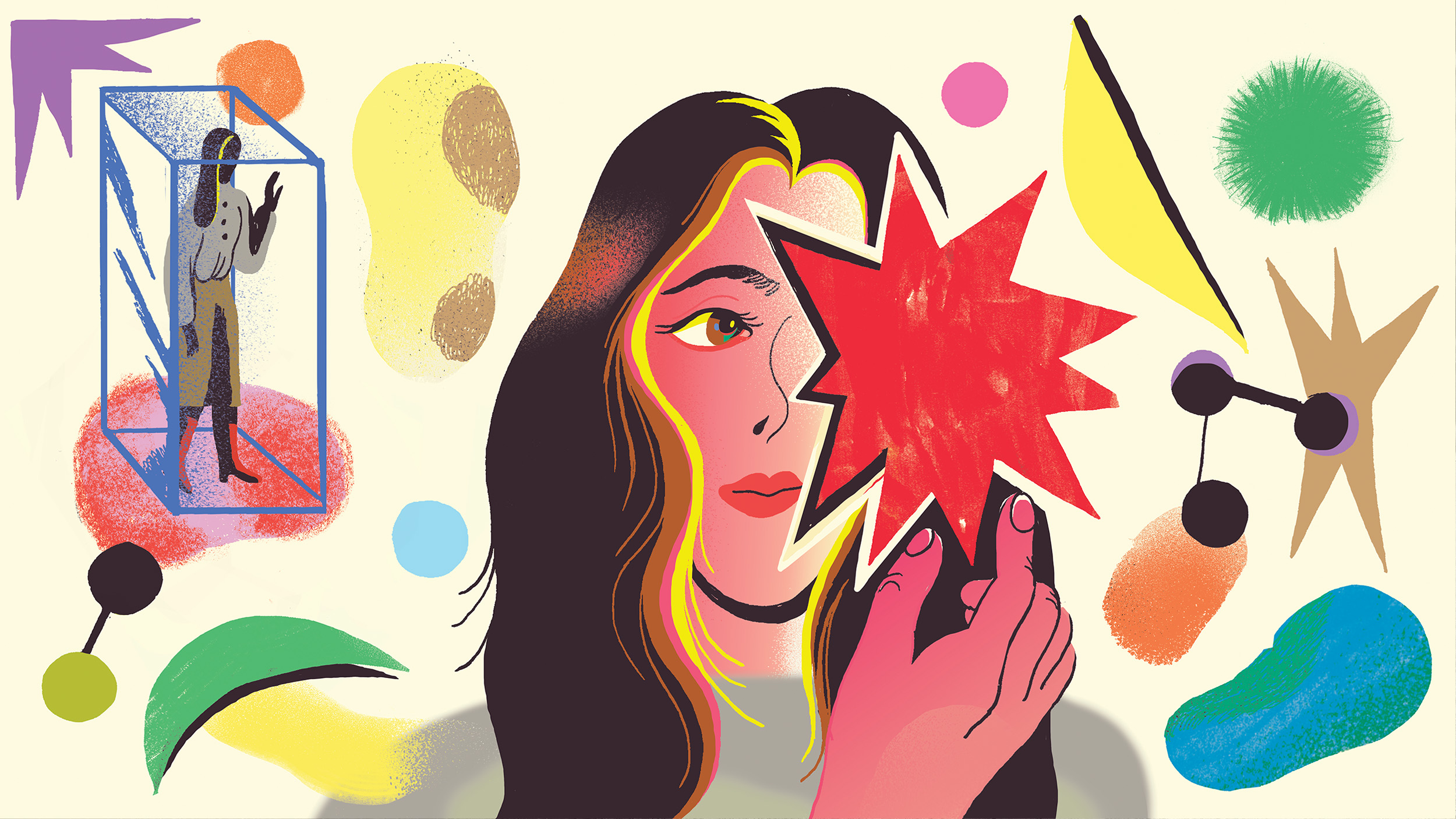 A woman holds a red star-shaped object over one eye, with colorful abstract shapes and a small figure in a box in the background.
