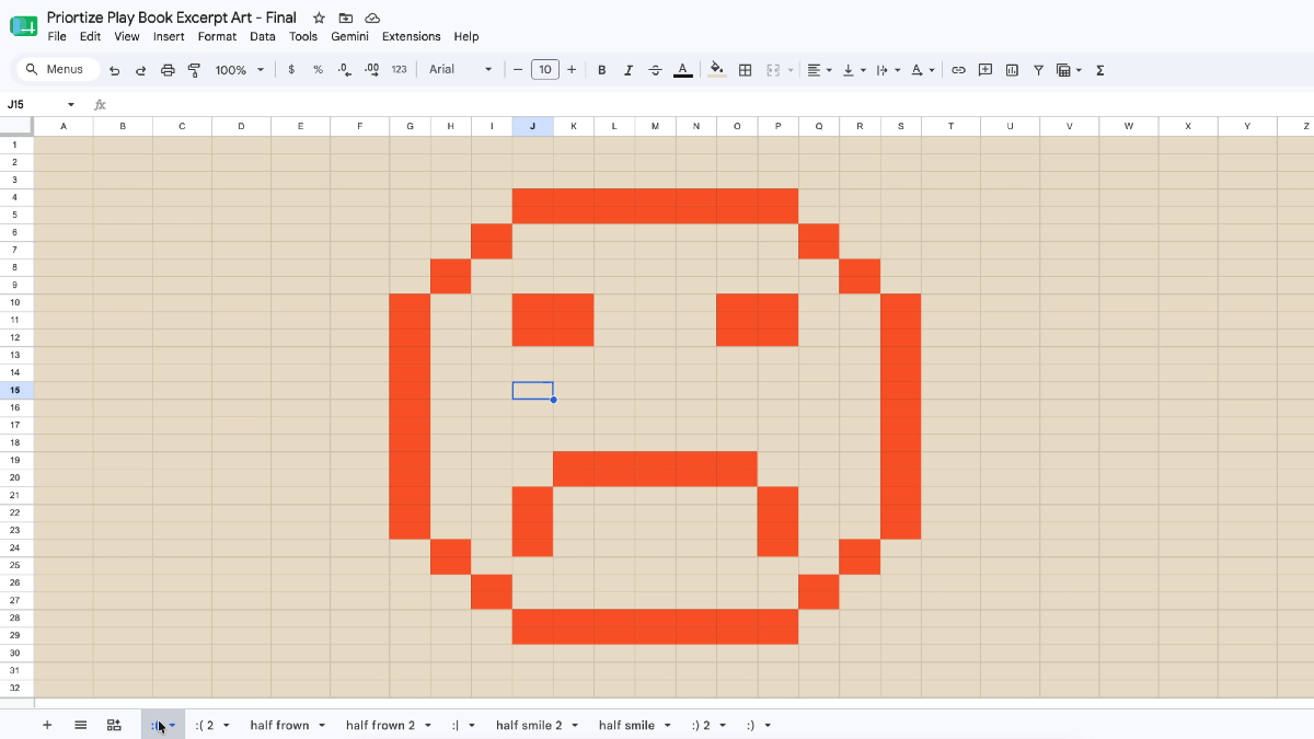 A spreadsheet with tan cells displays a pixelated red frowning face made by filling selected cells.
