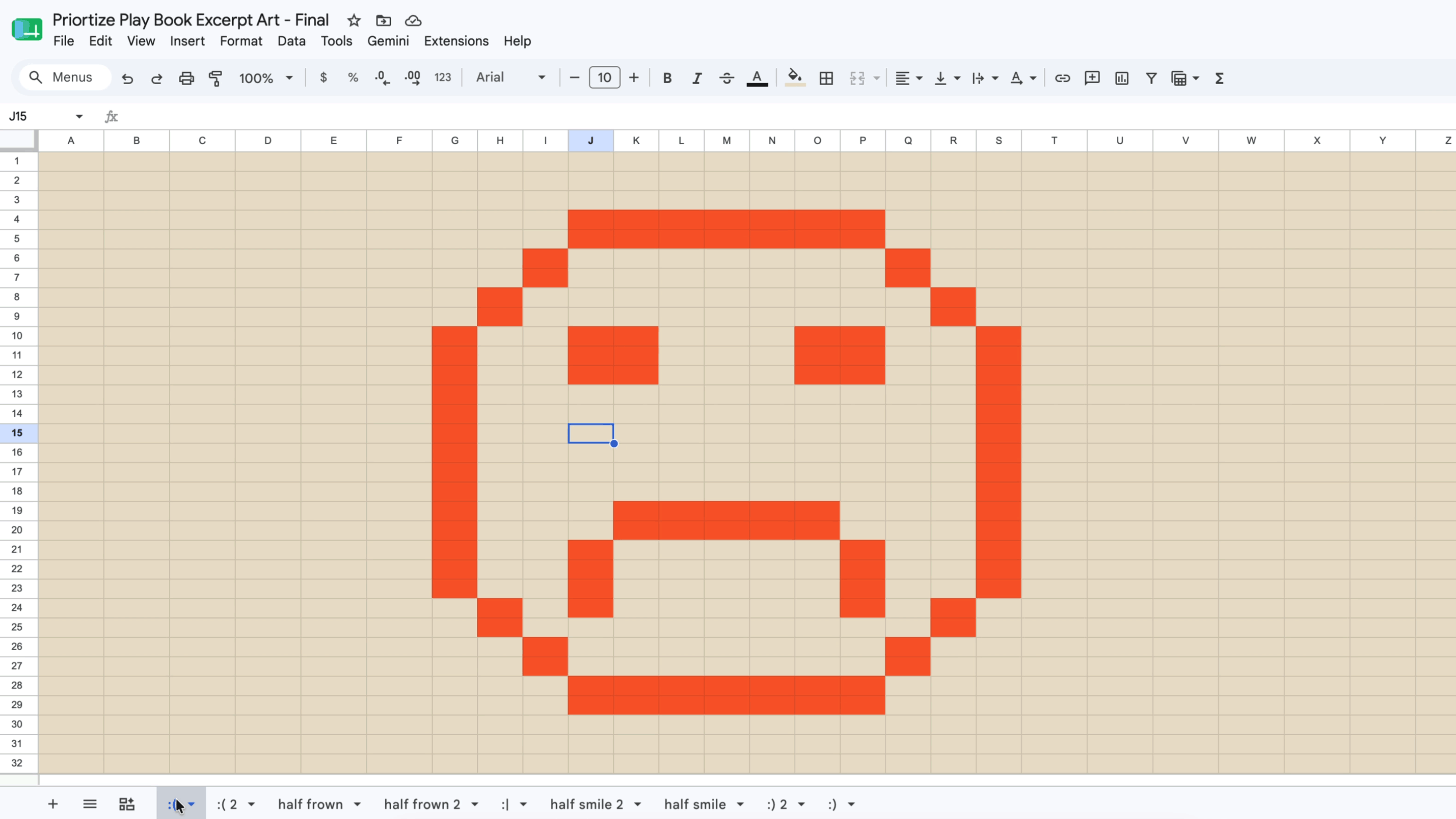 A spreadsheet with tan cells displays a pixelated red frowning face made by filling selected cells.