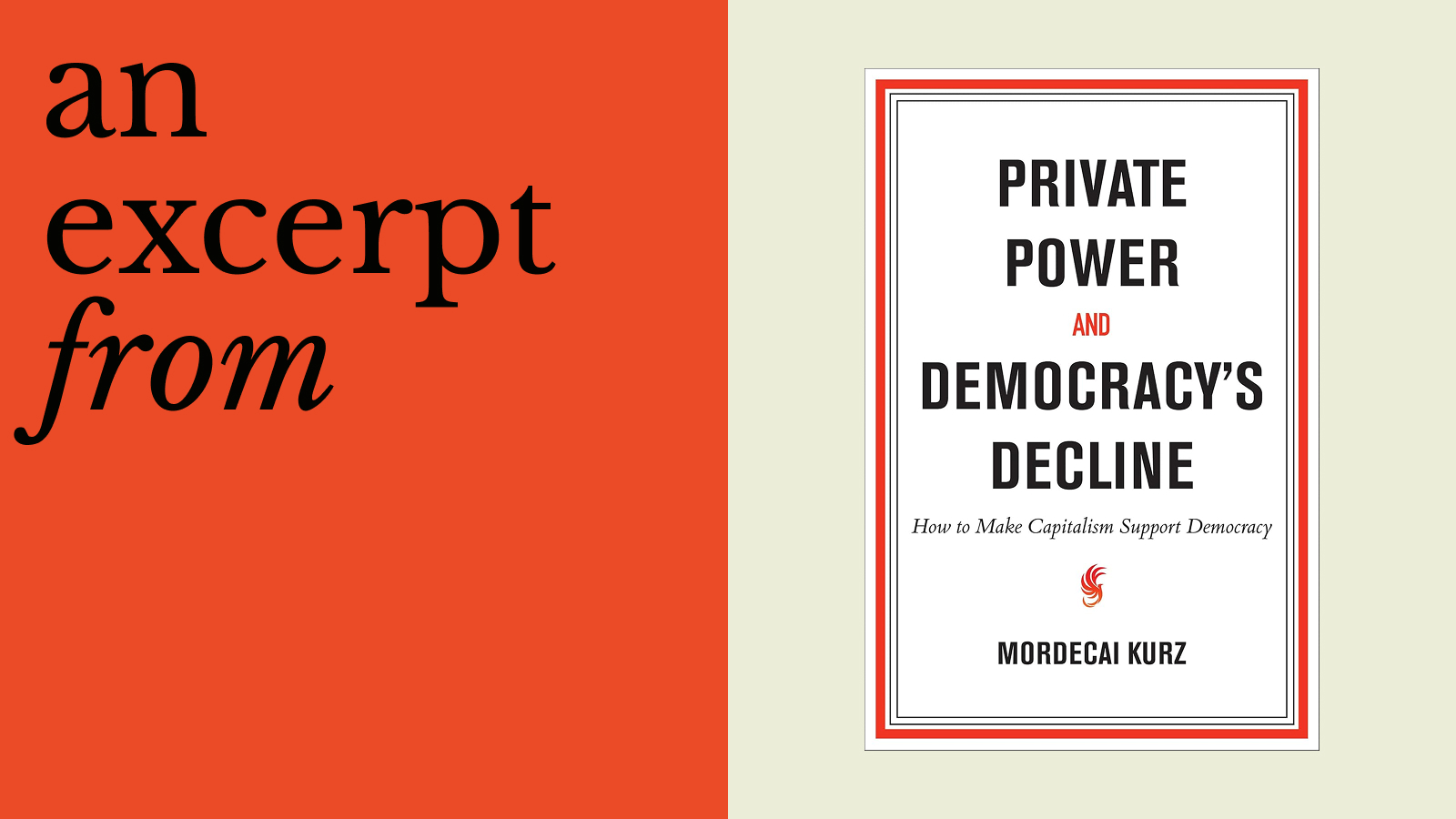 Book cover of "Private Power and Democracy's Decline" by Mordecai Kurz next to the text "an excerpt from" on a split orange and beige background, highlighting themes of private power and democracy's decline.