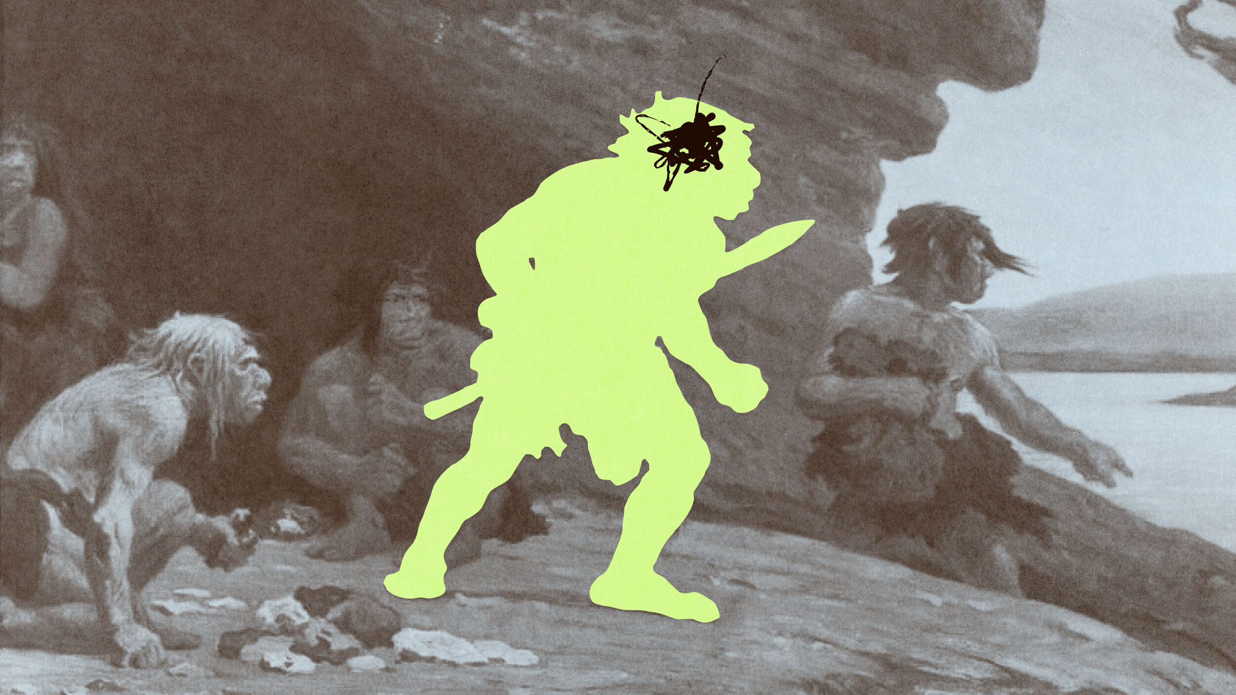 A vintage illustration of prehistoric humans in a cave, with the central figure highlighted in bright green and a black scribble over the head.