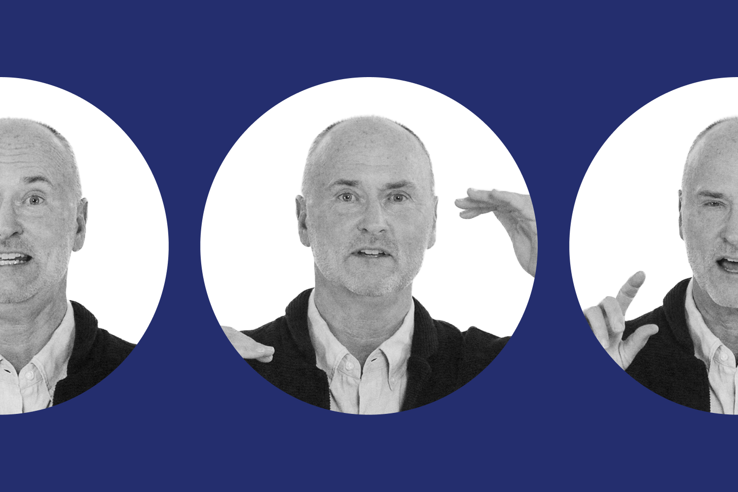 A man with short hair and a collared shirt gestures with his hands in three circular-cropped, black-and-white portraits on a blue background.