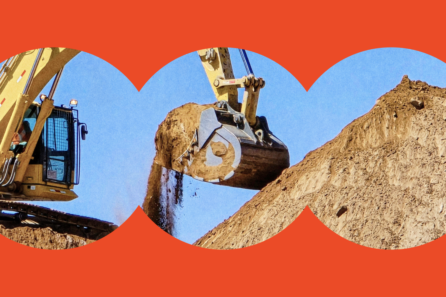 A construction excavator lifts and dumps dirt from a large mound against a clear blue sky, framed by a circular red border.