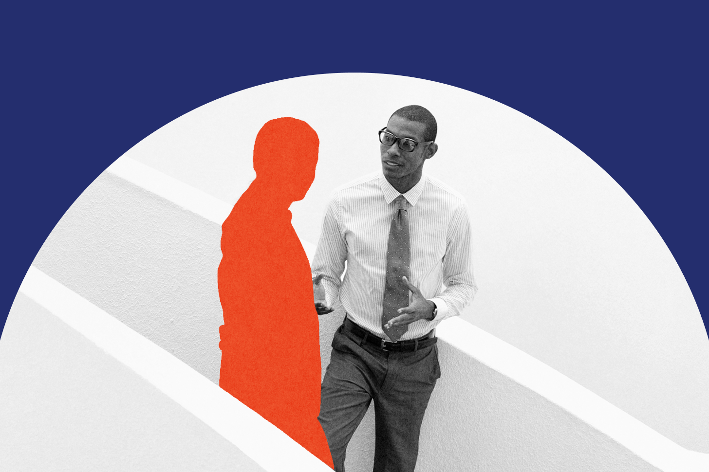 A man in business attire walks upstairs while talking, with an orange silhouette of another person beside him against a white and blue background.