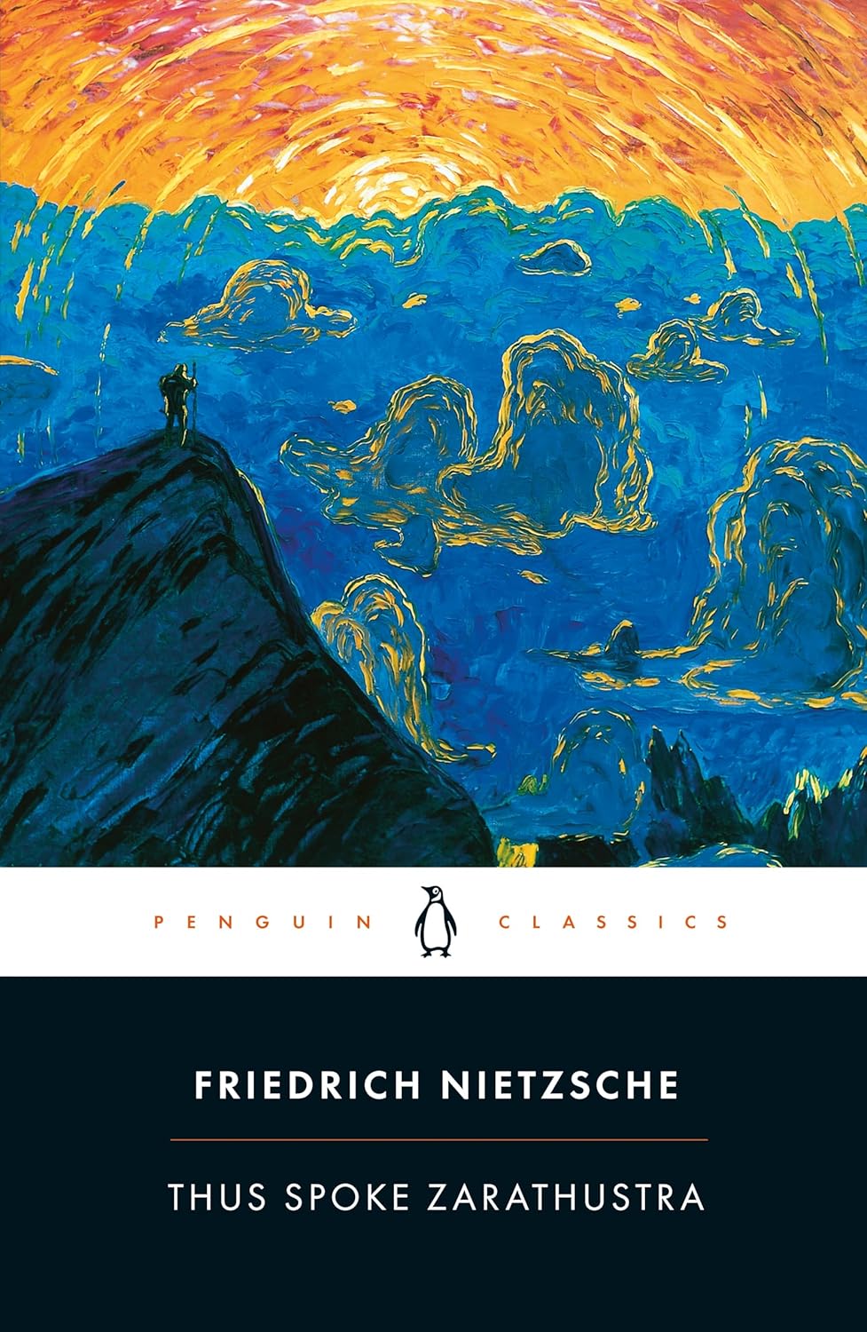 Cover of "Thus Spoke Zarathustra" by Friedrich Nietzsche, showing a figure standing on a mountain under a bright, swirling sky with vivid blue and yellow colors.