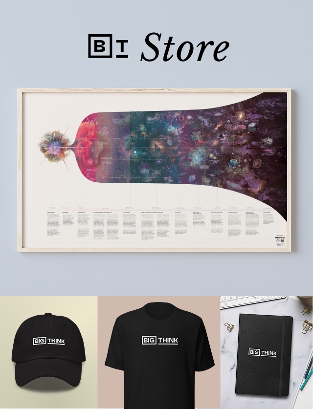 A framed cosmic-themed chart, black "Big Think" hat, black T-shirt, and black notebook displayed under the "Big Think Store" logo on a light background.