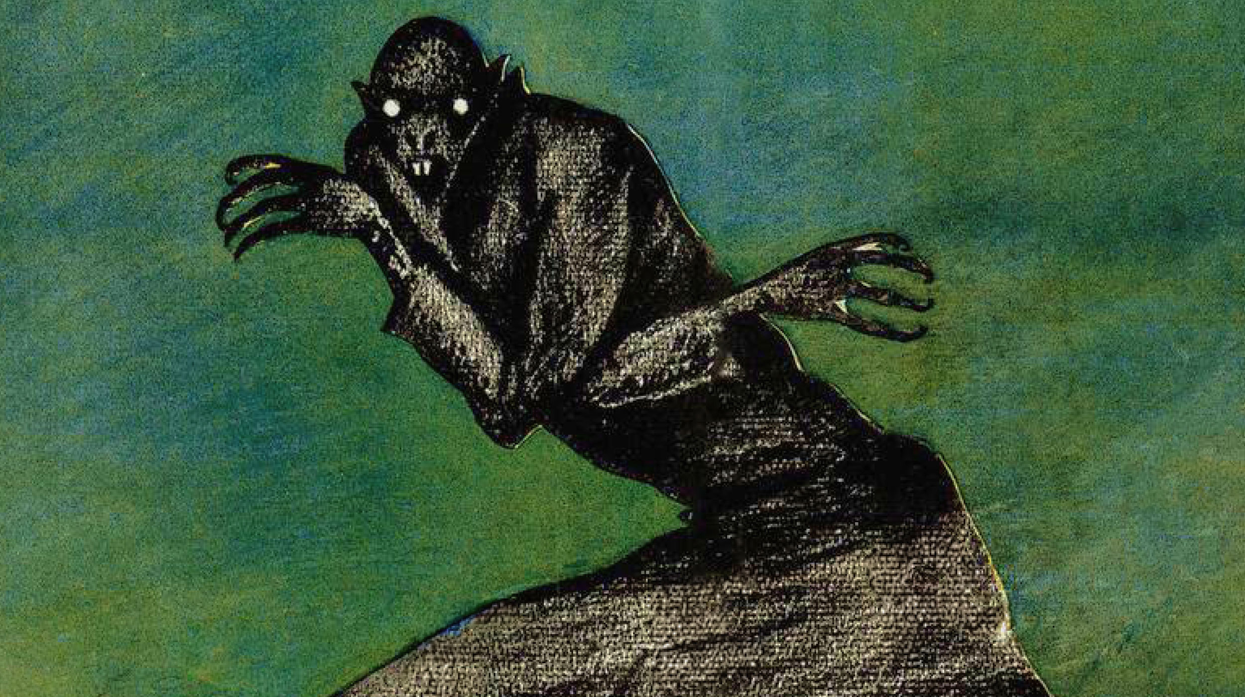Illustration of a shadowy, humanoid creature with glowing eyes, long fingers, and pointed ears, hunched over against a green background.