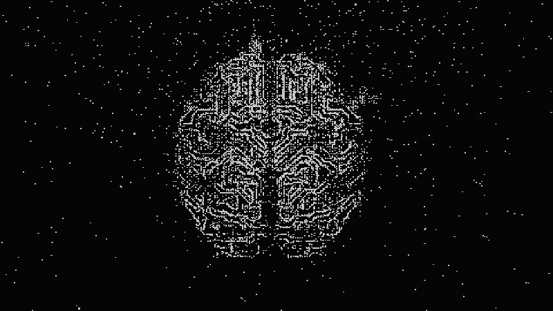 A digital illustration of a human brain outlined in white, composed of circuit-like lines, set against a black background with scattered white dots resembling stars.