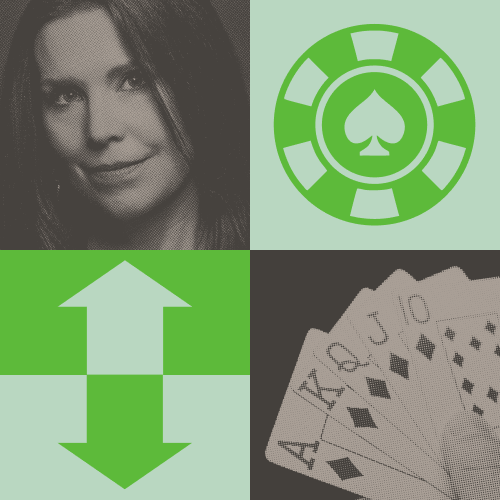 A grayscale portrait of a woman, a green poker chip, an upward green arrow, and a hand of playing cards showing A, K, Q, J, 10 of spades.