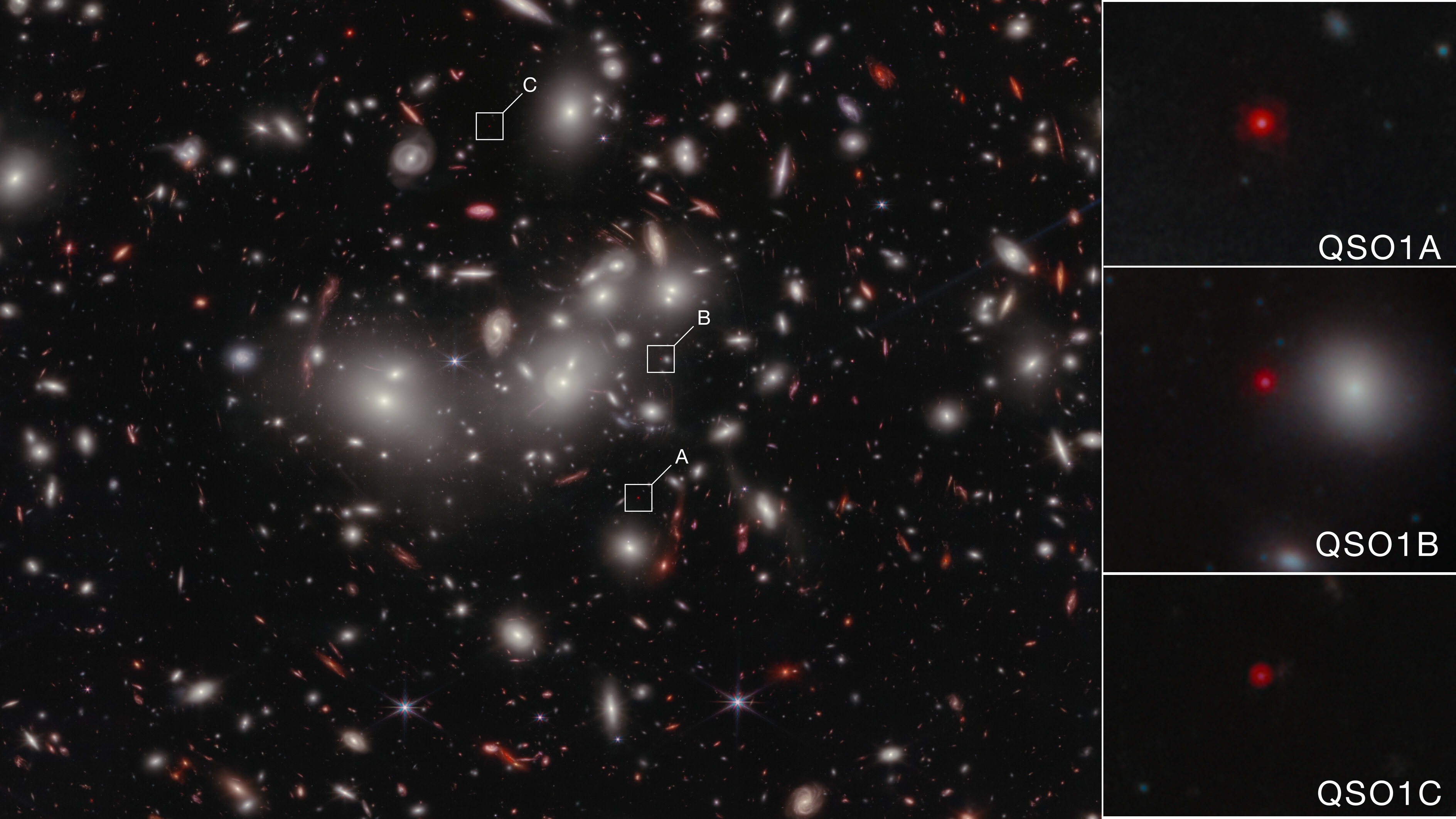 Image of a galaxy cluster with three marked regions labeled A, B, and C; the right side shows JWST zoomed-in views of red objects, hinting at possible black holes before galaxies—labeled QSO1A, QSO1B, and QSO1C.