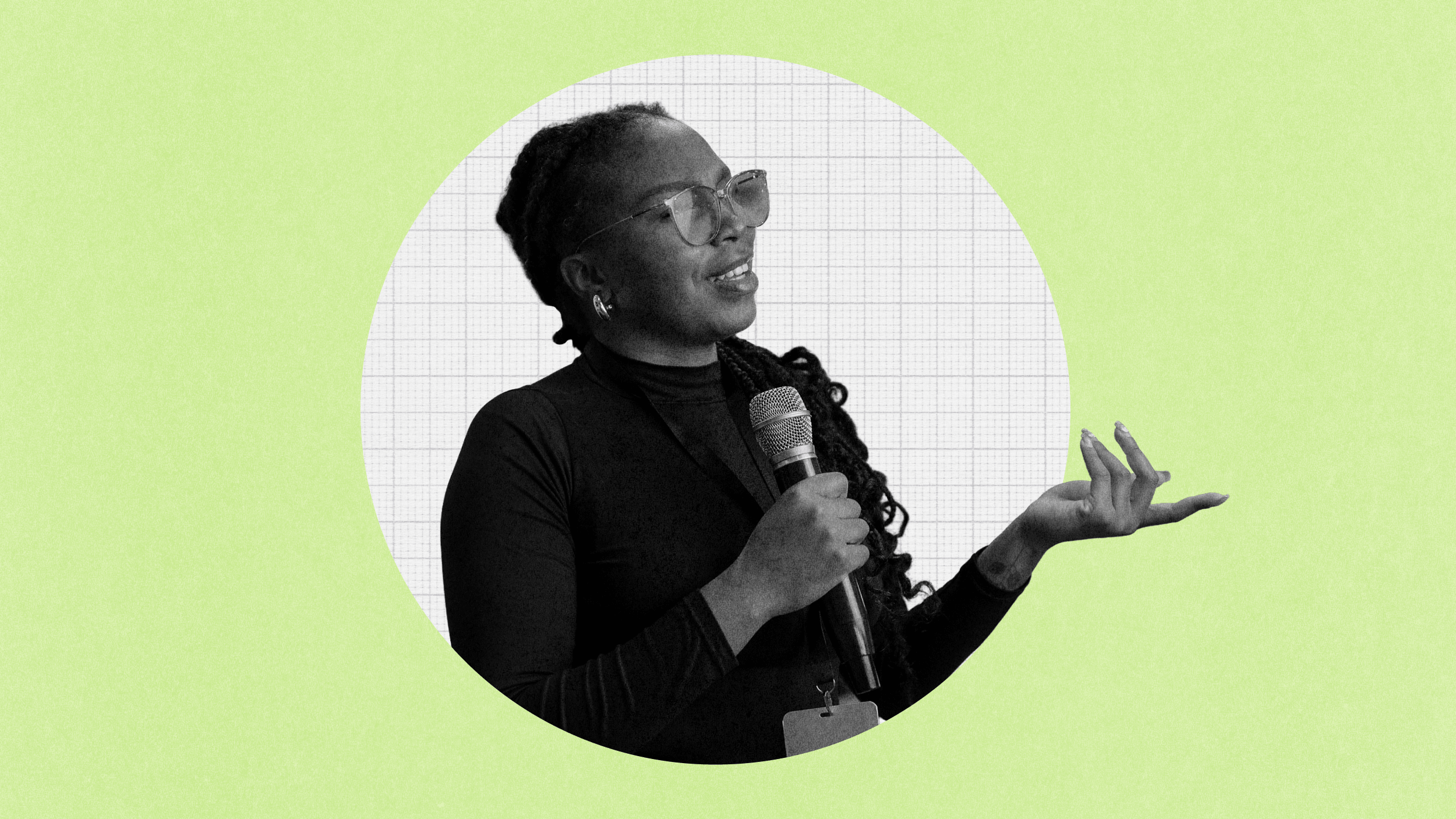 A person with glasses holds a microphone and gestures while speaking, shown against a green circular background.